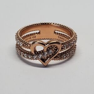 Rose Gold Sterling Silver Heart CZ Crossover Ring